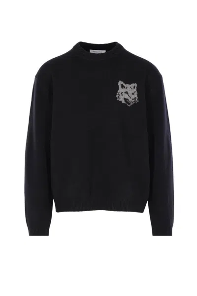 Maison Kitsuné Crew Neck Sweater With Large Fox Embroidery Black In Black