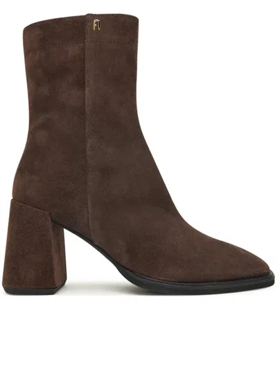 Furla Square Toe Suede Ankle Boots With Block Heel In Brown