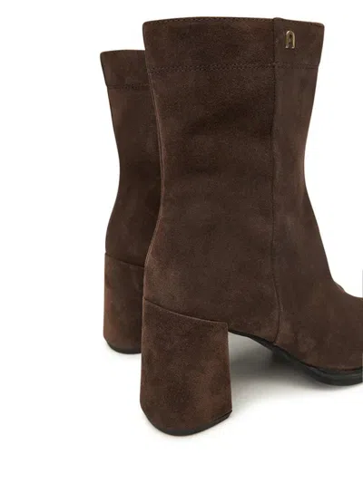 Furla Square Toe Suede Ankle Boots With Block Heel In Brown