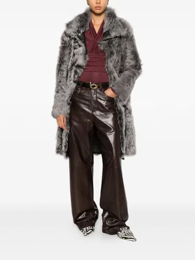 Yves Salomon Shearling Belted Coat In Gray