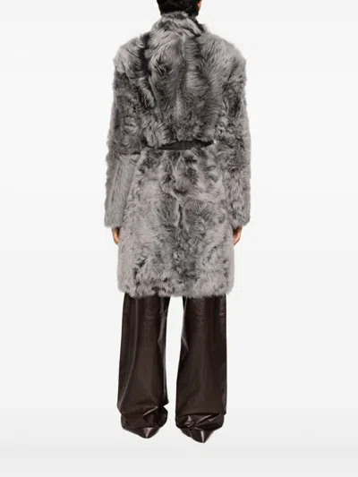 Yves Salomon Shearling Belted Coat In Gray