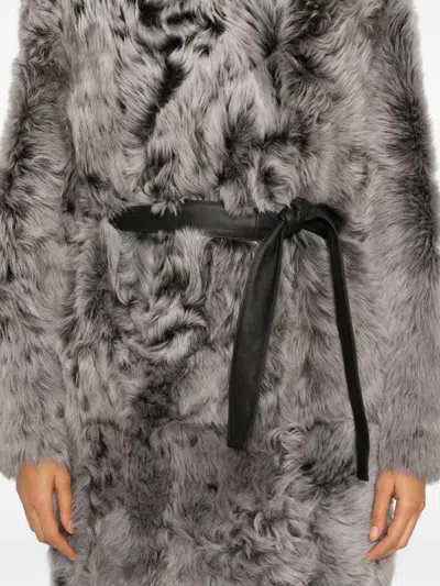 Yves Salomon Shearling Belted Coat In Gray