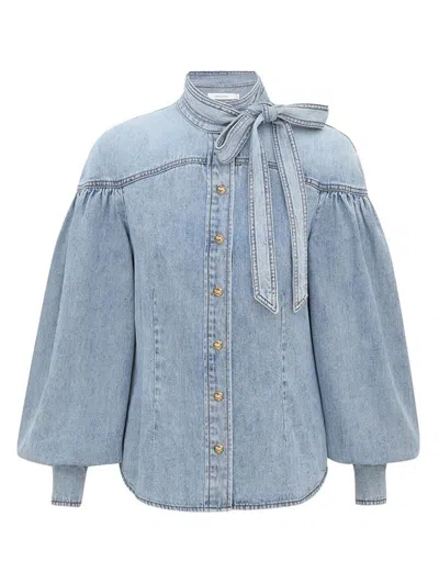 Zimmermann Cotton Denim Shirt With Mandarin Collar In Blue