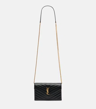 Saint Laurent Cassandre Envelope Small Leather Wallet On Chain In Black