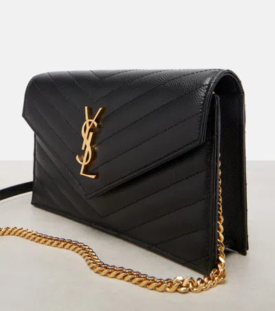 Saint Laurent Cassandre Envelope Small Leather Wallet On Chain In Black