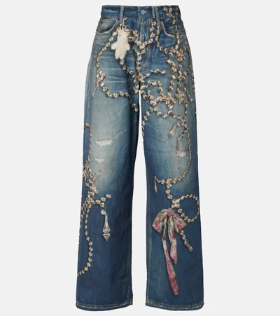 Acne Studios Womens Mid Blue Graphic-print Wide-leg Denim Jeans