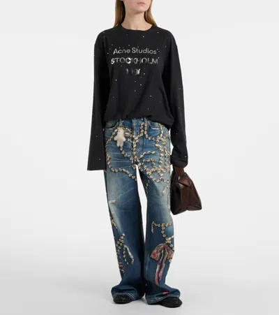 Acne Studios Womens Mid Blue Graphic-print Wide-leg Denim Jeans