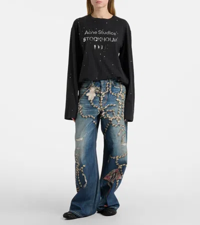 Acne Studios Womens Mid Blue Graphic-print Wide-leg Denim Jeans