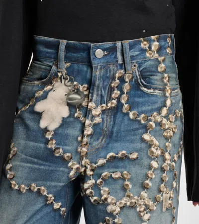 Acne Studios Womens Mid Blue Graphic-print Wide-leg Denim Jeans