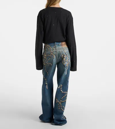 Acne Studios Womens Mid Blue Graphic-print Wide-leg Denim Jeans
