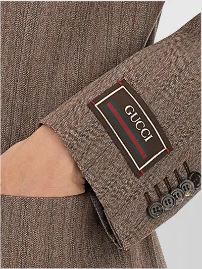 Gucci Double Breasted Herringbone Wool Coat In Brown