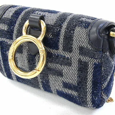 Pre-owned Fendi Gold Navy Fabric Leather Pouch Shoulder Bag ()