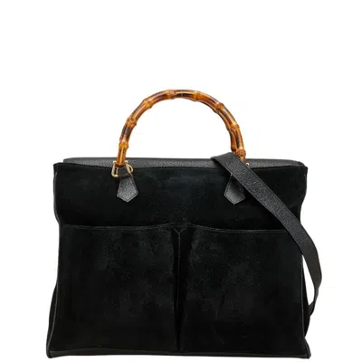 Pre-owned Gucci Bamboo Black Suede Leather Shoulder Bag Tote Bag ()