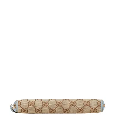 Pre-owned Gucci Beige Blue Gg Canvas Leather Long Wallet (bi-fold) ()