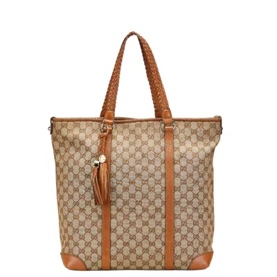 Pre-owned Gucci Beige Brown Canvas Leather Tote Bag () In Multi