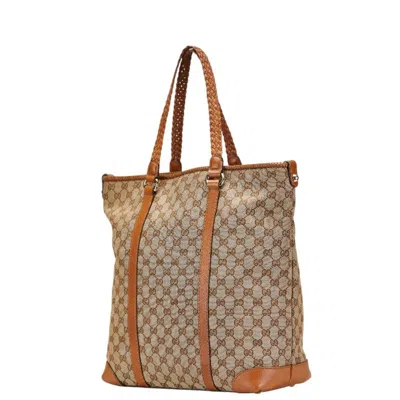 Pre-owned Gucci Beige Brown Canvas Leather Tote Bag () In Multi