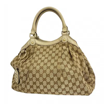 Pre-owned Gucci Beige Brown Canvas Leather Tote Bag () In Multi