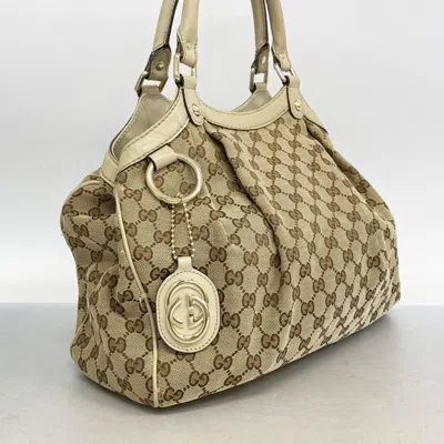 Pre-owned Gucci Beige Brown Canvas Leather Tote Bag () In Multi