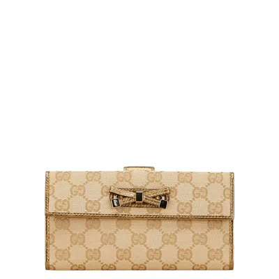 Pre-owned Gucci Beige Gold Canvas Leather Long Wallet (bi-fold) ()