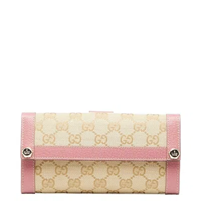 Pre-owned Gucci Beige Pink Gg Canvas Leather Long Wallet (bi-fold) ()