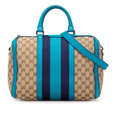 Pre-owned Gucci Gg Canvas Beige Blue Canvas Leather Boston Bag Shoulder Bag ()