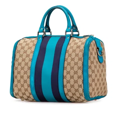 Pre-owned Gucci Gg Canvas Beige Blue Canvas Leather Boston Bag Shoulder Bag ()