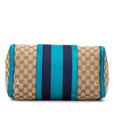 Pre-owned Gucci Gg Canvas Beige Blue Canvas Leather Boston Bag Shoulder Bag ()