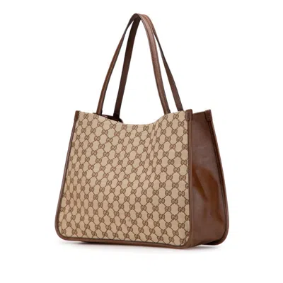 Pre-owned Gucci Gg Canvas Beige Brown Canvas Leather Tote Bag ()