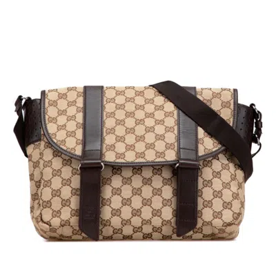 Pre-owned Gucci Gg Canvas Beige Brown Gg Canvas Leather Messenger Bag Shoulder Bag ()