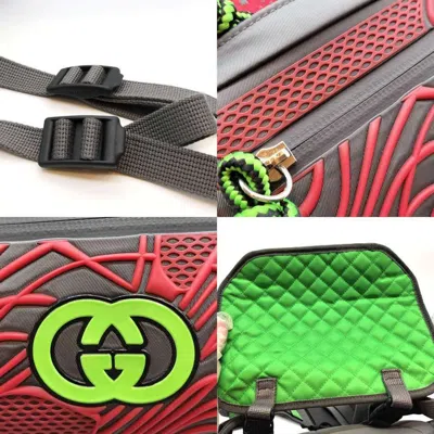 Pre-owned Gucci Gray Green Red Color Nylon Backpack Fanny Pack ()