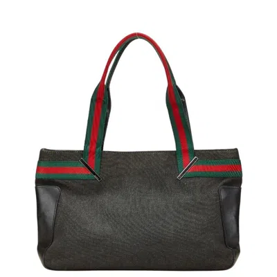 Pre-owned Gucci Sherry Line Black Denim Leather Handbag Tote Bag ()