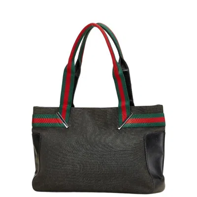 Pre-owned Gucci Sherry Line Black Denim Leather Handbag Tote Bag ()
