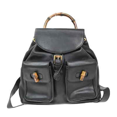 Pre-owned Gucci Vintage Bamboo Backpack Leather Black Leather Backpack Bag ()
