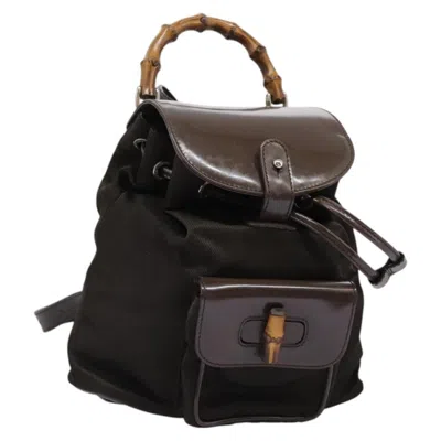 Pre-owned Gucci Vintage Bamboo Backpack Nylon And Patent Leather Brown Nylon Backpack Bag ()
