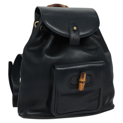 Pre-owned Gucci Vintage Bamboo Backpack Leather Black Leather Backpack Bag ()