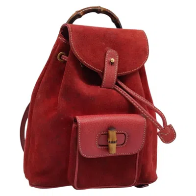 Pre-owned Gucci Vintage Bamboo Backpack Suede Red Suede Backpack Bag ()