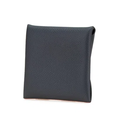 Pre-owned Hermes Bastia Navy Epsom Leather Coin Purse/coin Case () In Blue