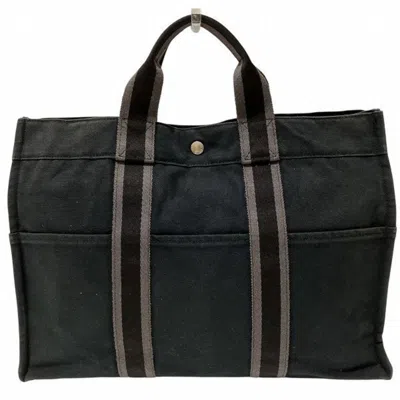 Pre-owned Hermes Black Gray Canvas Handbag Tote Bag () In Multi