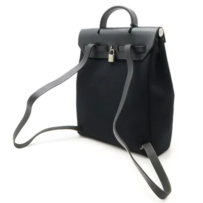 Pre-owned Hermes Black Toile Officier Leather Backpack Handbag ()