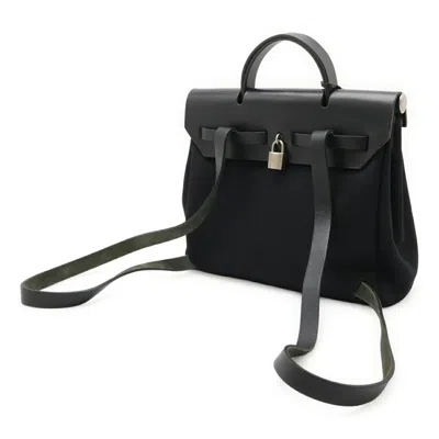 Pre-owned Hermes Black Toile Officier Leather Backpack Handbag ()