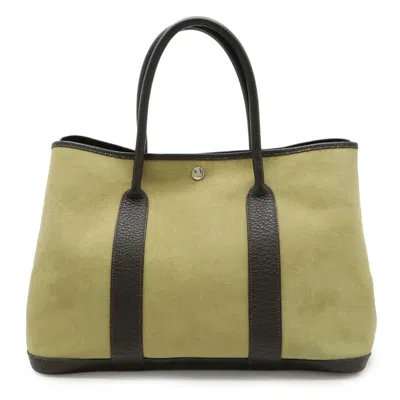 Pre-owned Hermes Brown Dark Brown Green Khaki Toile Officier Leather Handbag Tote Bag ()