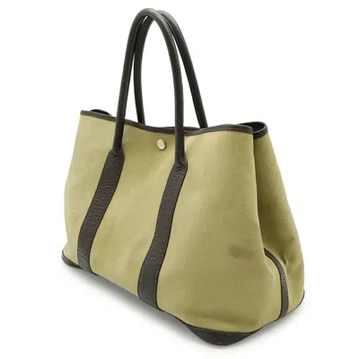 Pre-owned Hermes Brown Dark Brown Green Khaki Toile Officier Leather Handbag Tote Bag ()