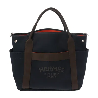 Pre-owned Hermes Feu Navy Toile Chevron Tote Bag ()