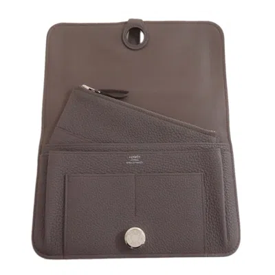 Pre-owned Hermes Gray Taurillon Clemence Leather Long Wallet (bi-fold) ()