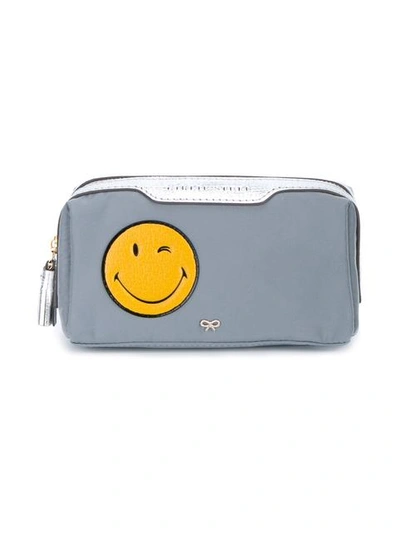 Anya Hindmarch 'wink Girlie Stuff' Leather Smiley Reflective Nylon Pouch In Grey