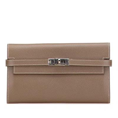Pre-owned Hermes Kelly Etoupe Gray Grayish Epsom Leather Long Wallet (bi-fold) ()