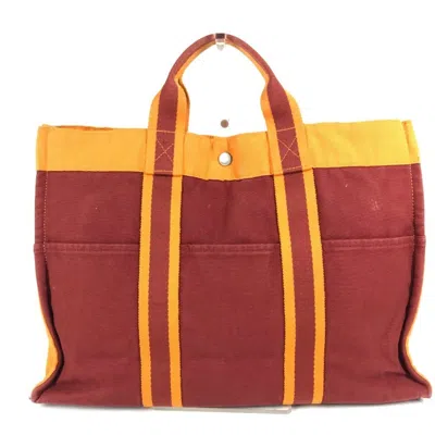 Pre-owned Hermes Orange Red Color Cotton Handbag Tote Bag () In Multi