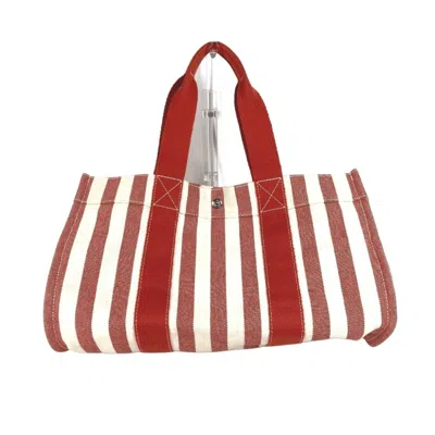 Pre-owned Hermes Red Color Canvas Beach Bag Handbag Tote Bag ()