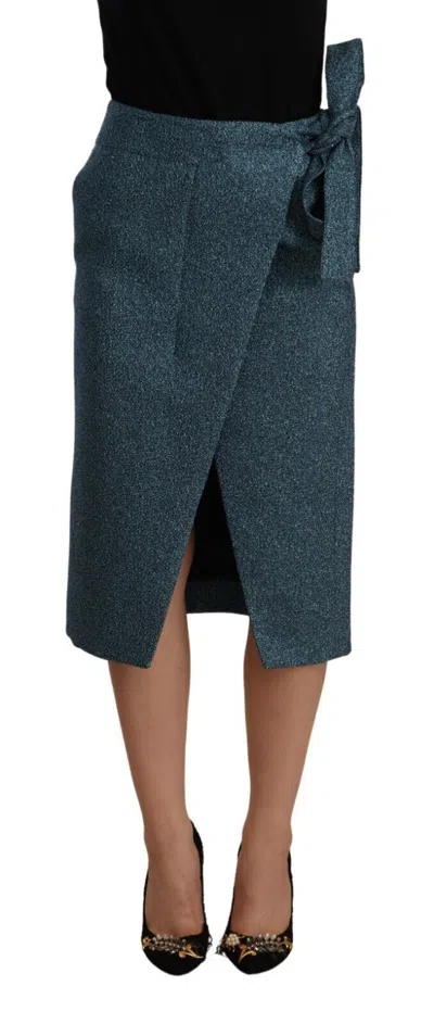 Koonhor Blue High Waist Pencil Straight Wrap Style Skirt In Blue