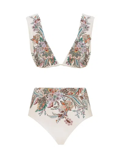 Zimmermann Rhiannon Wide Shoulder Bikini Set In Cream Multi Paisley In Multi